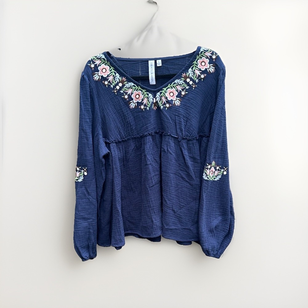 Grace + Karma Navy Blue Floral Embroidered Cotton Gauze Peasant Blouse Large